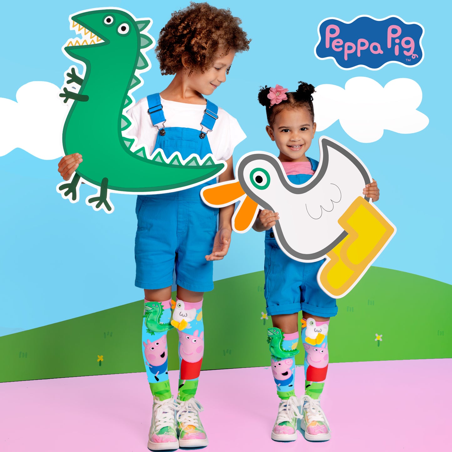 Kids Peppa Pig socks featuring bright cartoon character artwork and 3D accents