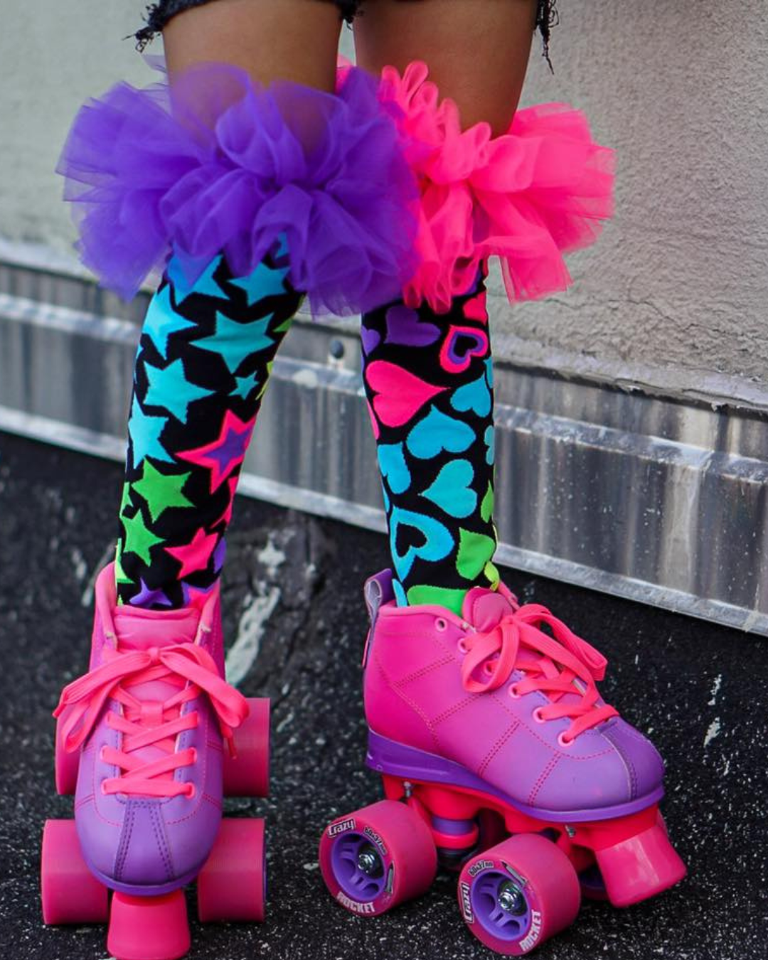 Fun knee high socks with colorful frills and bright playful patterns for crazy sock day.