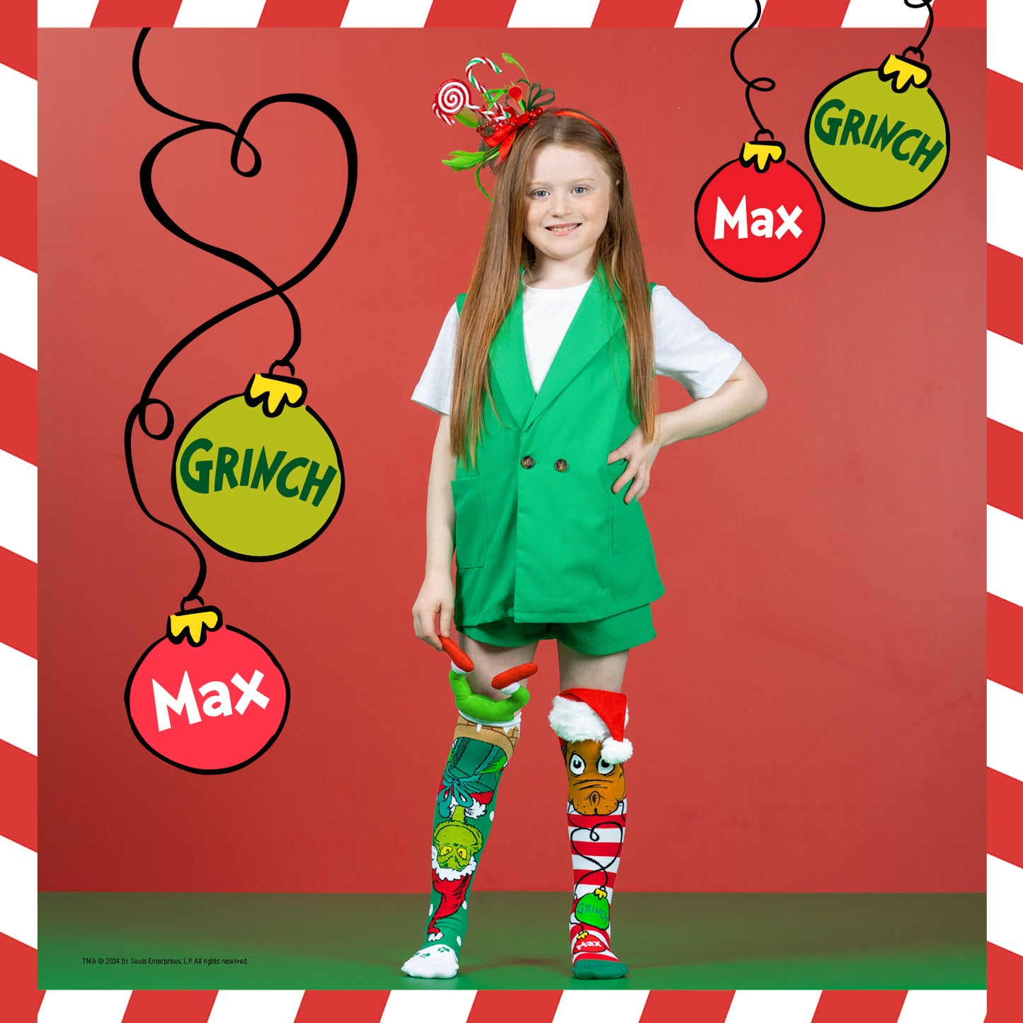 Grinch and Max Christmas socks featuring Max with antlers and Santa hat and a playful holiday design.