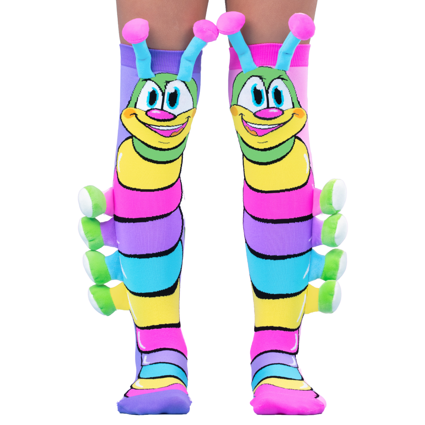 Kids caterpillar character socks with vibrant colors and fun plush legs design.