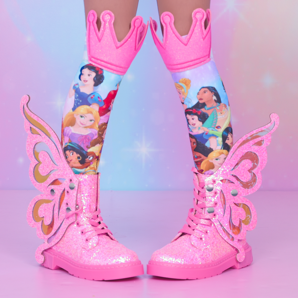 Pink glitter fairy boots for kids and adults featuring detachable color-changing wings and sparkly magical design.