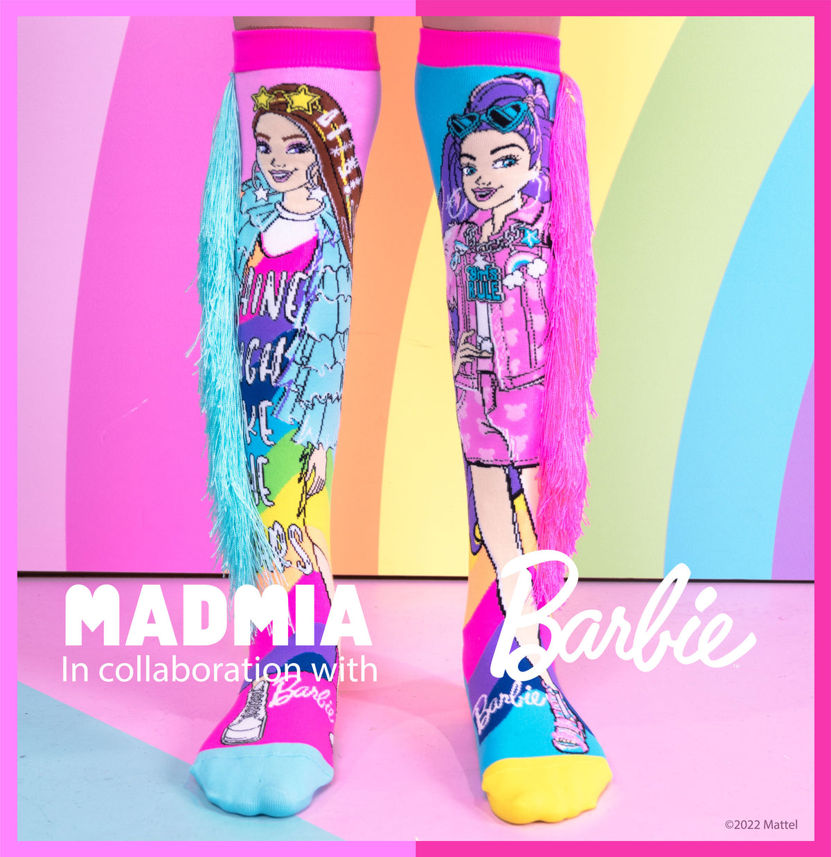 Colorful Barbie Extra Fashionista socks featuring playful fashion graphics and long tassel details.