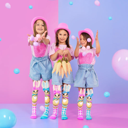 Cute girls wearing MADMIA Easter socks perfect sock gifts for Easter baskets