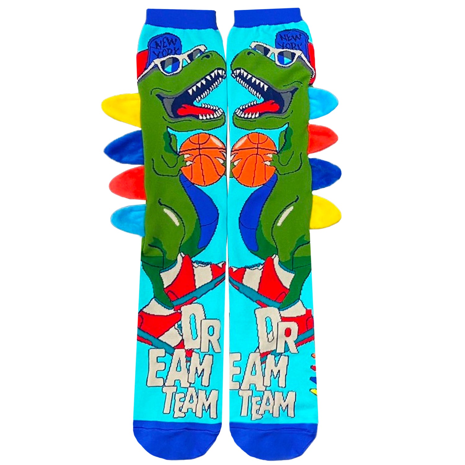 Adventure dinosaur socks with bright playful design and attached plush 3D spikes.