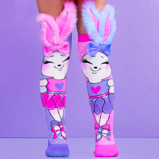 Ballerina bunny knee high socks for kids featuring pastel colors, playful bunny characters, and ballet-inspired design.
