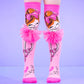Ballerina knee high socks for kids and adults featuring colorful design and a soft tutu detail at the top.
