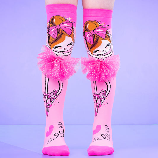Ballerina knee high socks for kids and adults featuring colorful design and a soft tutu detail at the top.