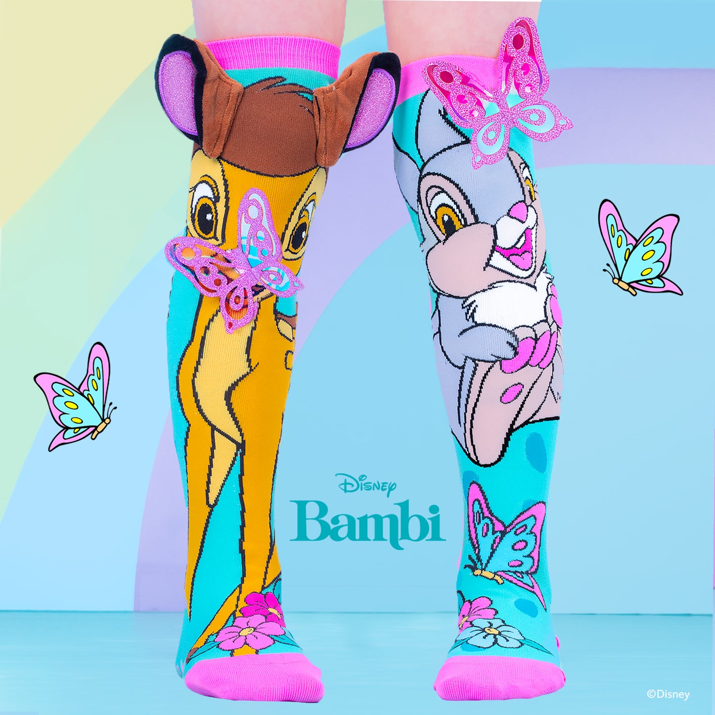 Bambi and Thumper Disney character socks close up showing detailed character design and pastel color tones.