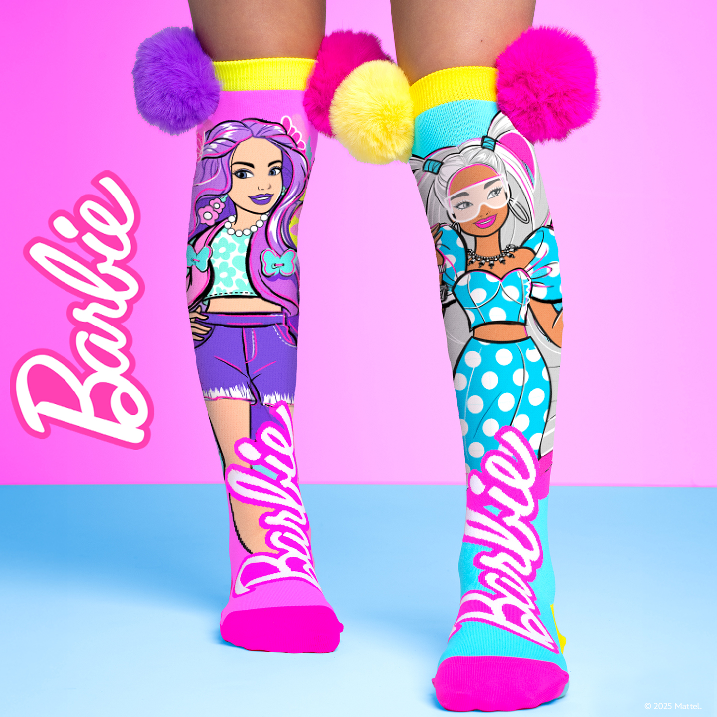 Colorful Barbie Extra knee high socks featuring fashionable Barbie character artwork and fluffy pom pom accents.