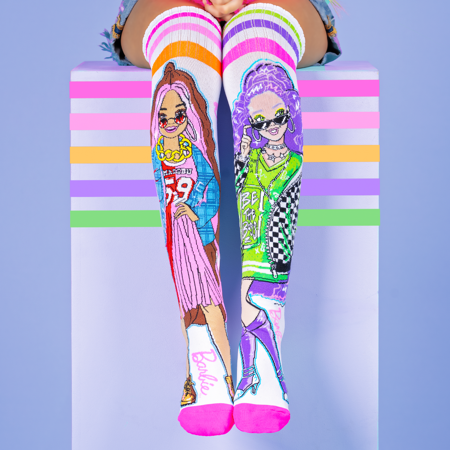 Barbie Extra Sporty over the knee socks featuring bold colorful design and sporty Barbie-inspired style.