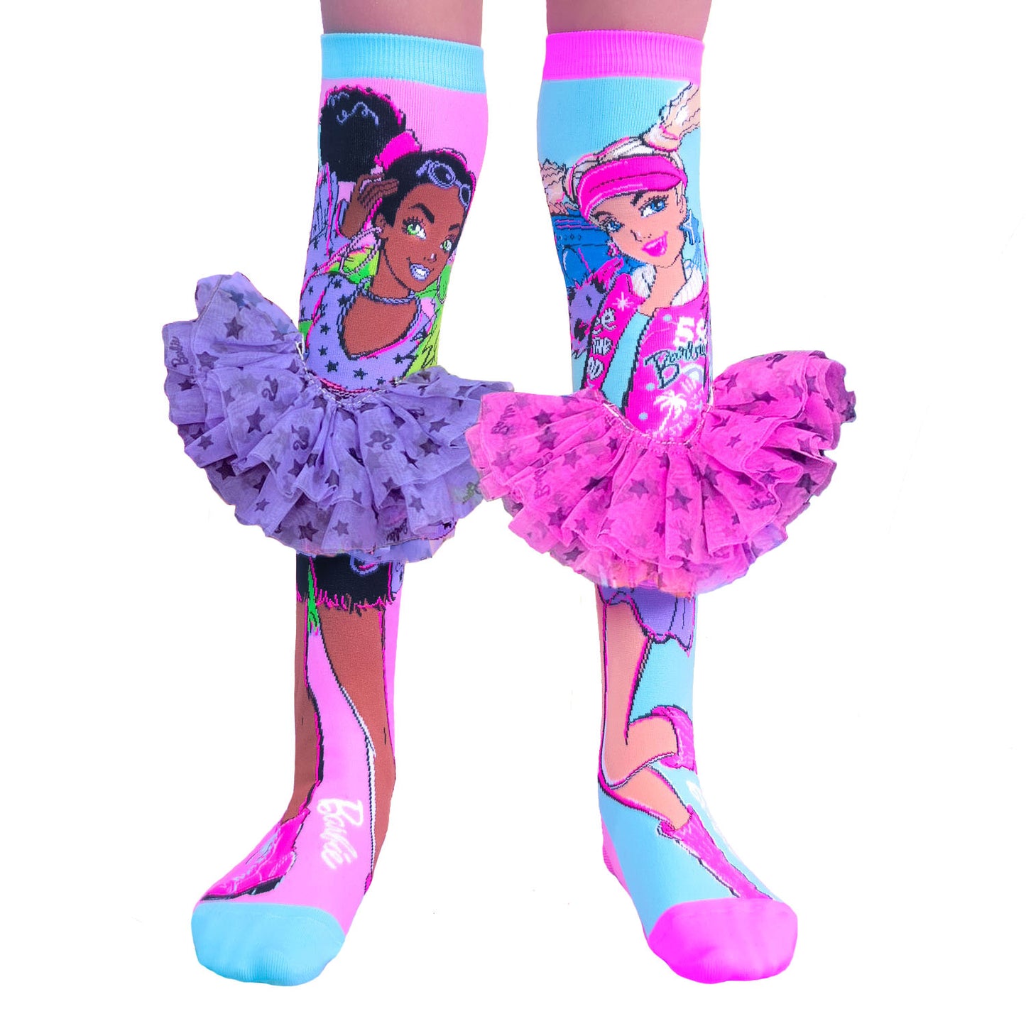 Barbie fashion socks featuring attached tutu skirts and bold colorful design for fun outfits.