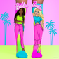 Colorful Barbie Malibu knee high socks featuring fashionable Barbie character artwork in bright pink and pastel colors.