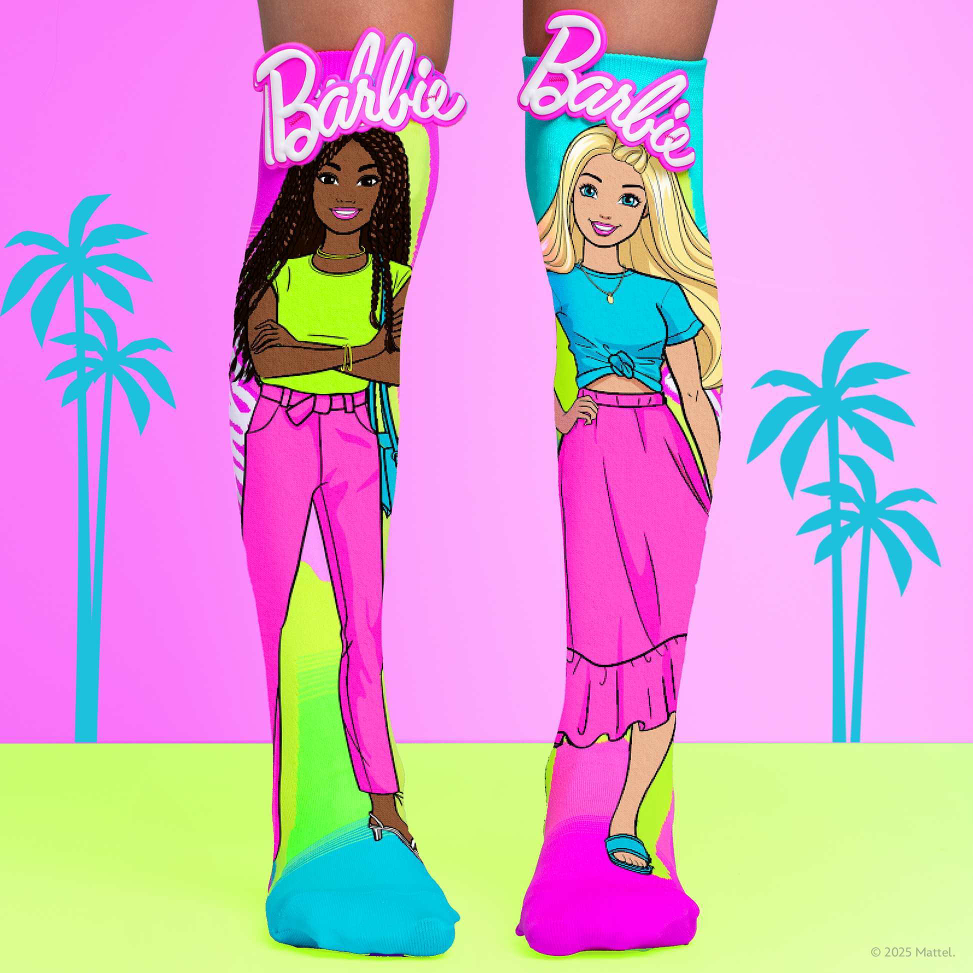 Colorful Barbie Malibu knee high socks featuring fashionable Barbie character artwork in bright pink and pastel colors.