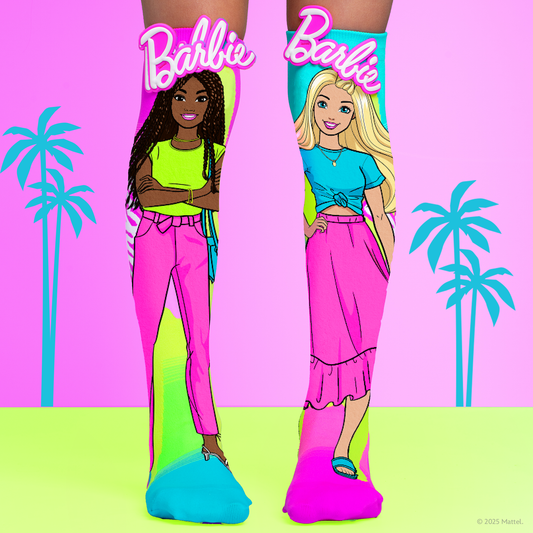 Colorful Barbie Malibu knee high socks featuring fashionable Barbie character artwork in bright pink and pastel colors.
