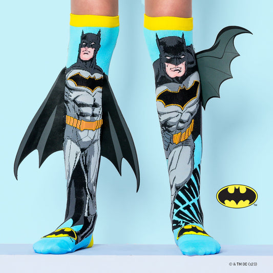 Batman knee high socks for kids featuring 3D bat wings and iconic superhero design.