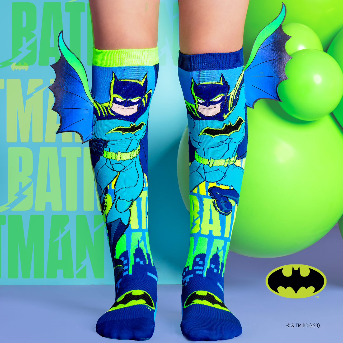Batman knee high socks for kids featuring 3D bat wings and bold superhero design.