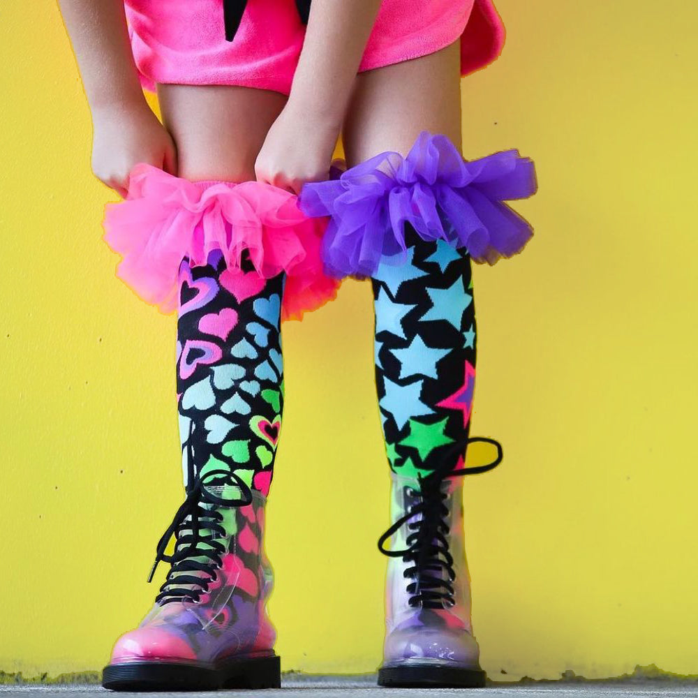 Bold colorful socks with cheerful patterns and funky frill details for fun everyday style.