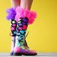 Bright crazy socks featuring colorful patterns and funky frill accents for fun outfits.