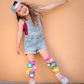 Bright flower knee high socks with cheerful colors and plush flower accents for fun outfits.