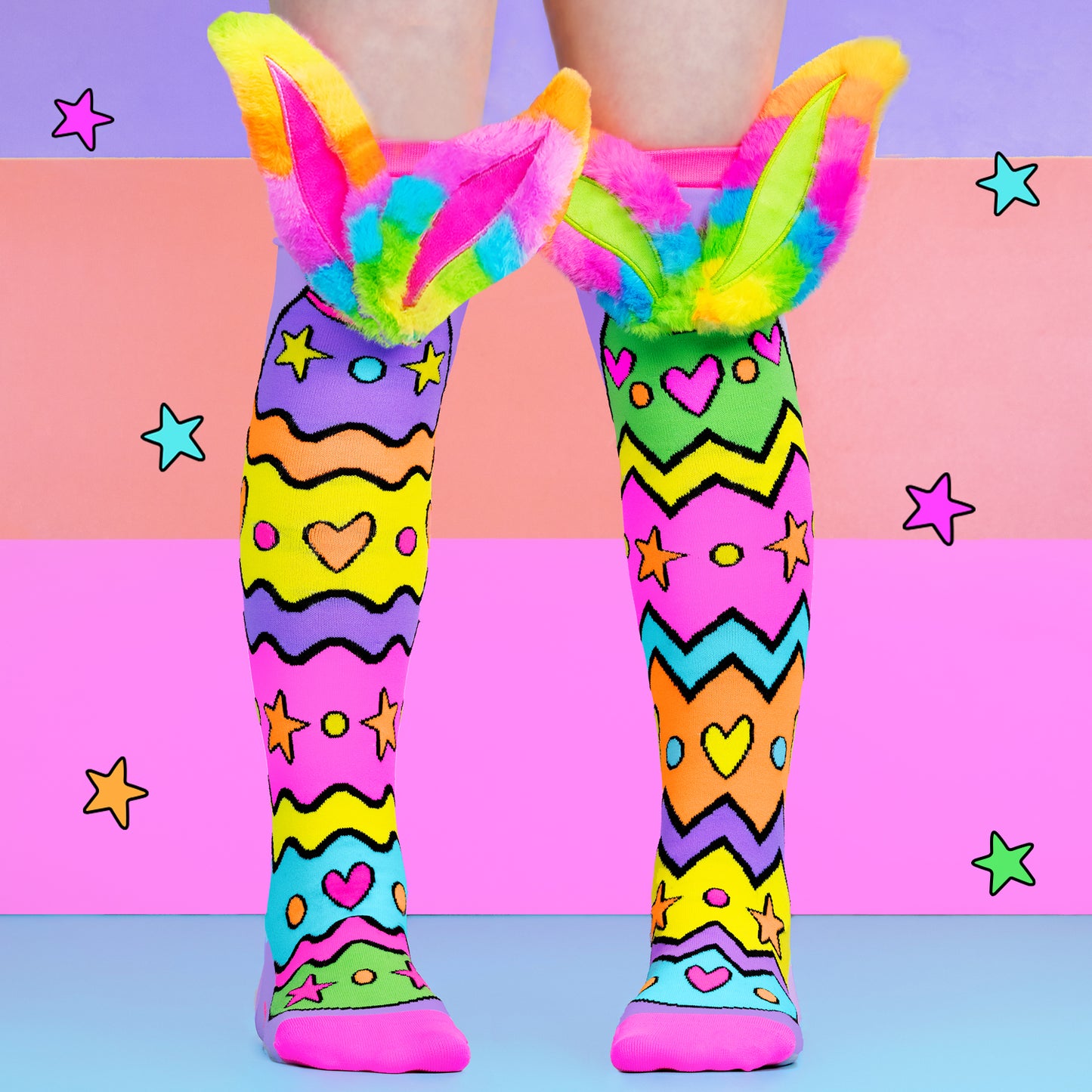 Colorful Bright and Bouncy socks for kids with bright rainbow colors and fun playful design.