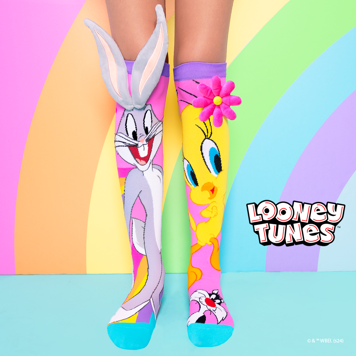 Bugs Bunny and Tweety Easter socks featuring plush bunny ears and a cute 3D flower detail.