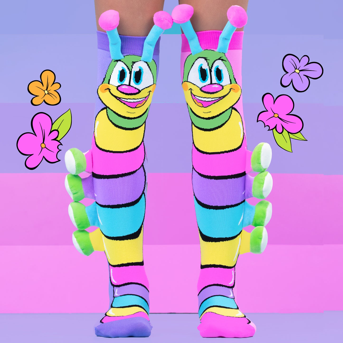 Rainbow caterpillar socks with 3D plush legs, colourful novelty knee-high socks for kids and adults