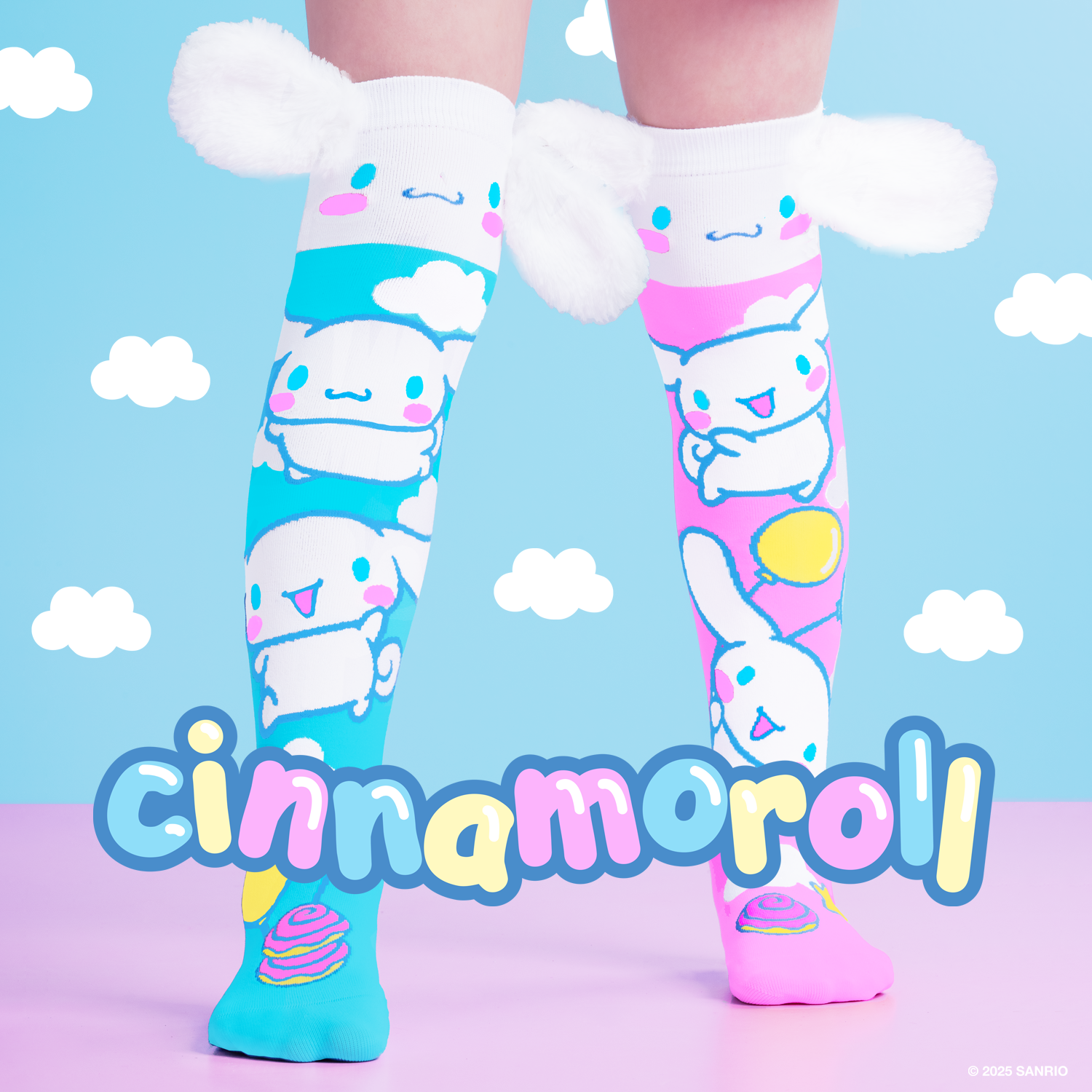 innamoroll knee high socks with fluffy plush ears and pastel cloud design
