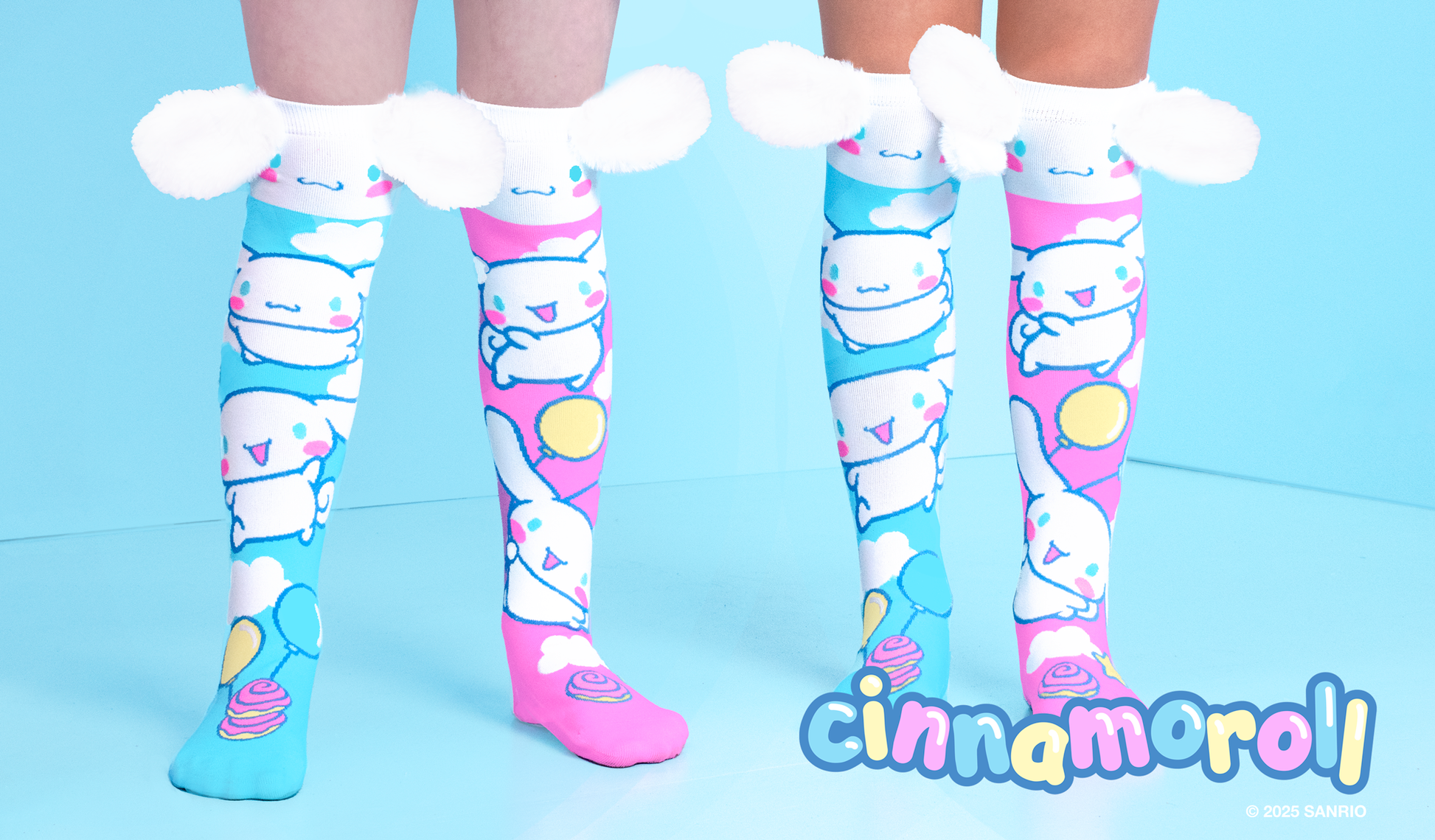 Colorful knee-high socks with cartoon characters on a blue background, featuring the brand 'Cinnamoroll'.