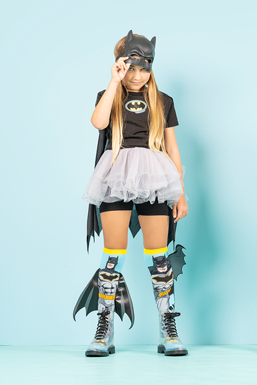 Colorful Batman socks for kids featuring attached bat wings and comic-inspired superhero design.