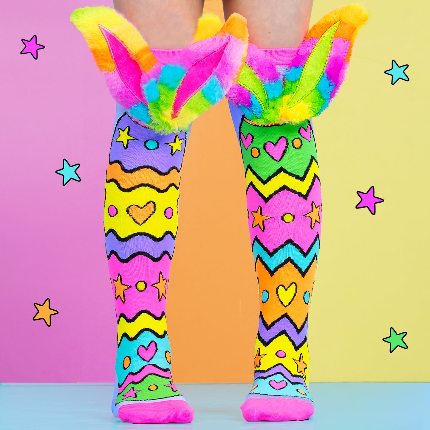 Bright and Bouncy knee high novelty socks for kids featuring colorful patterns and playful design.