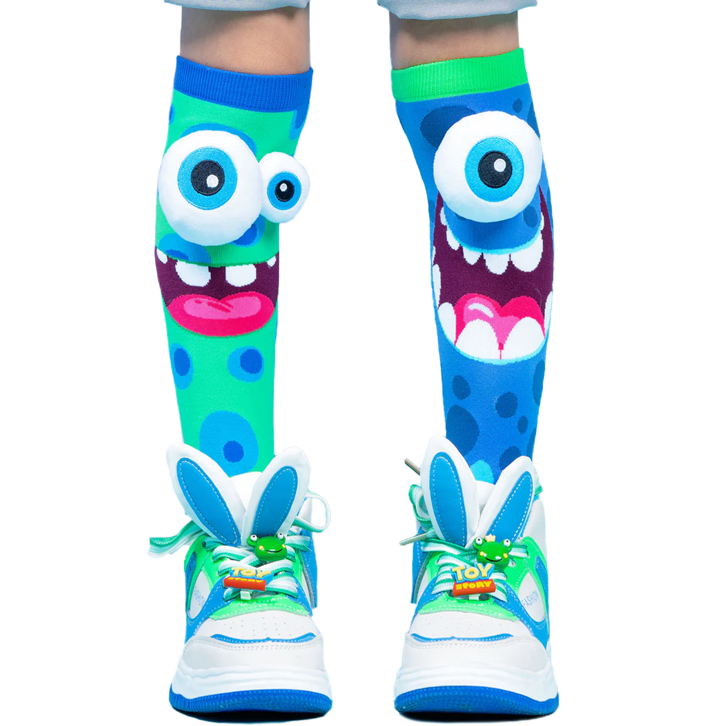 Colorful Silly Monster socks for kids and adults featuring plush 3D eyes and fun spooky design.