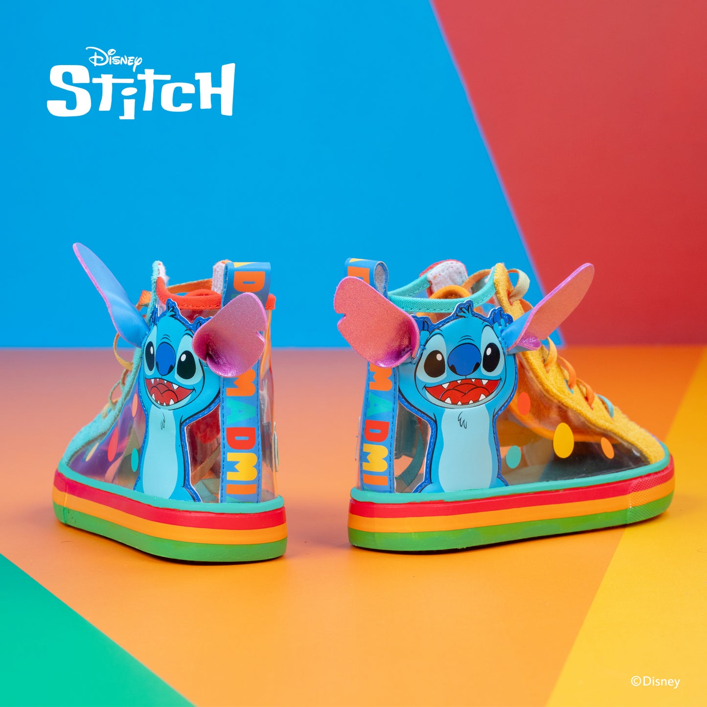 Back view of Stitch Hawaii shoes showing shiny ears detail and colorful character design.