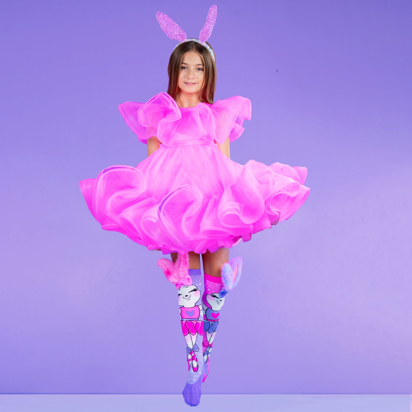 Cute ballerina bunny character socks with soft pastel colors, fluffy 3D details, and playful ballet theme.