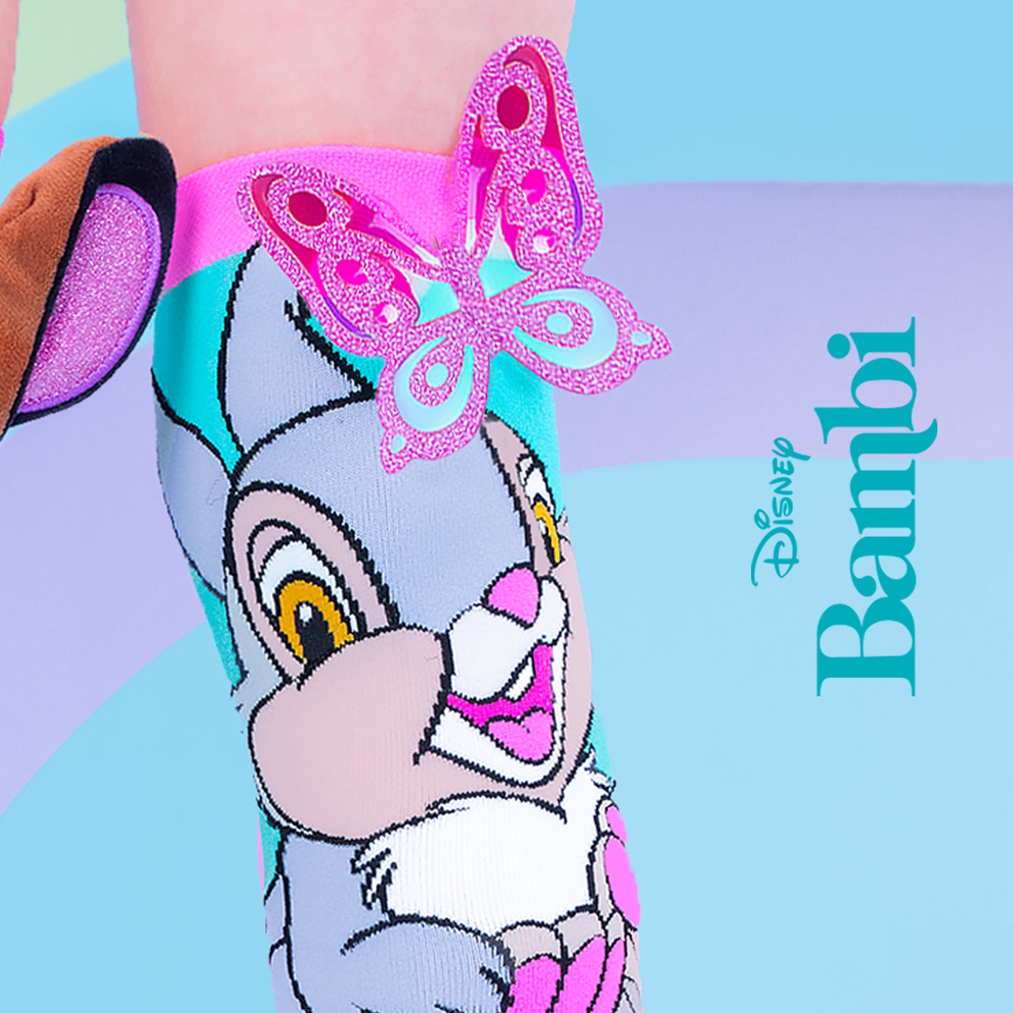 Cute Bambi and Thumper knee high character socks for kids with bright colors and fun design.