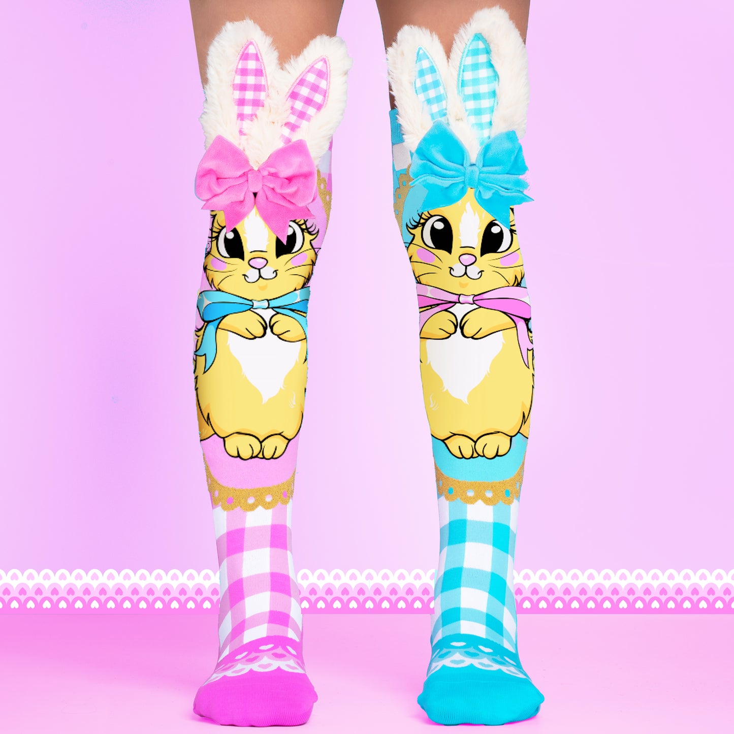Pastel Easter bunny knee high socks featuring cute rabbit artwork, plush ears, velvet bows and gingham patterns.