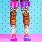 Cute Easter bunny knee high socks featuring plush ears, polka dot bows and colorful paint splash artwork.
