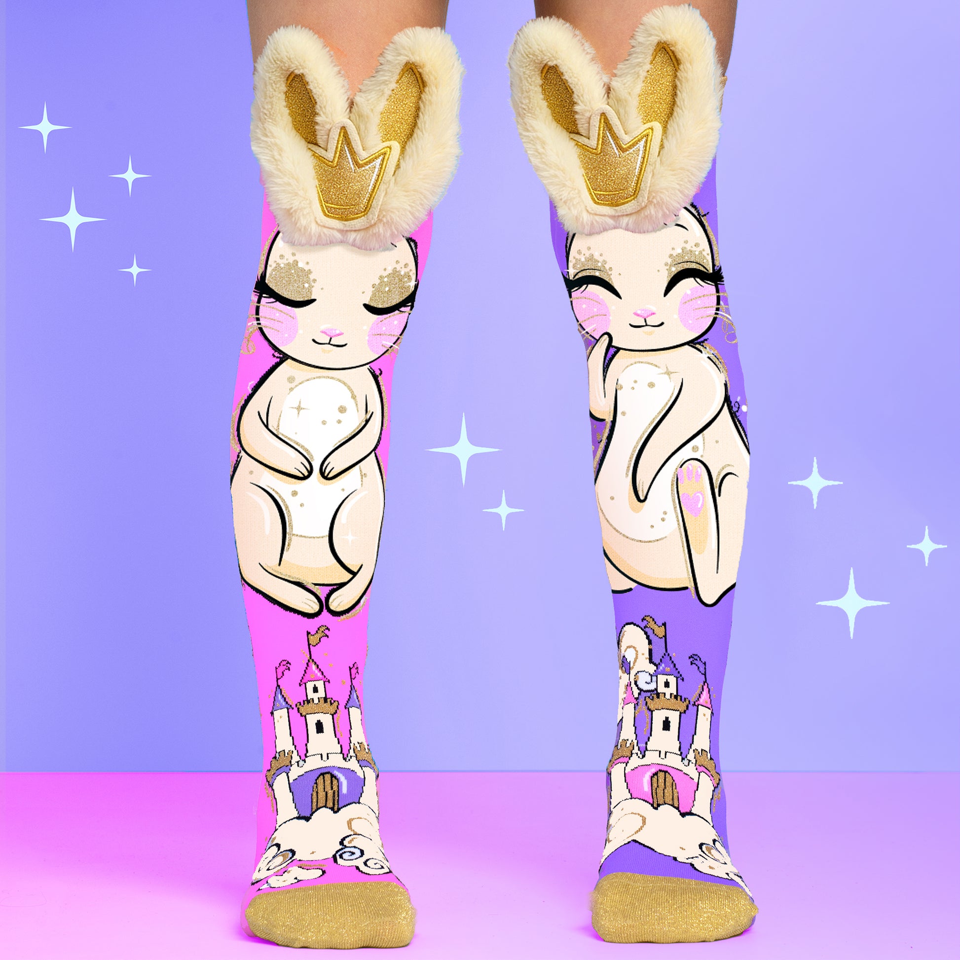 Pastel bunny princess knee high socks featuring cute rabbit artwork, plush crown ears and fairy tale castle design.