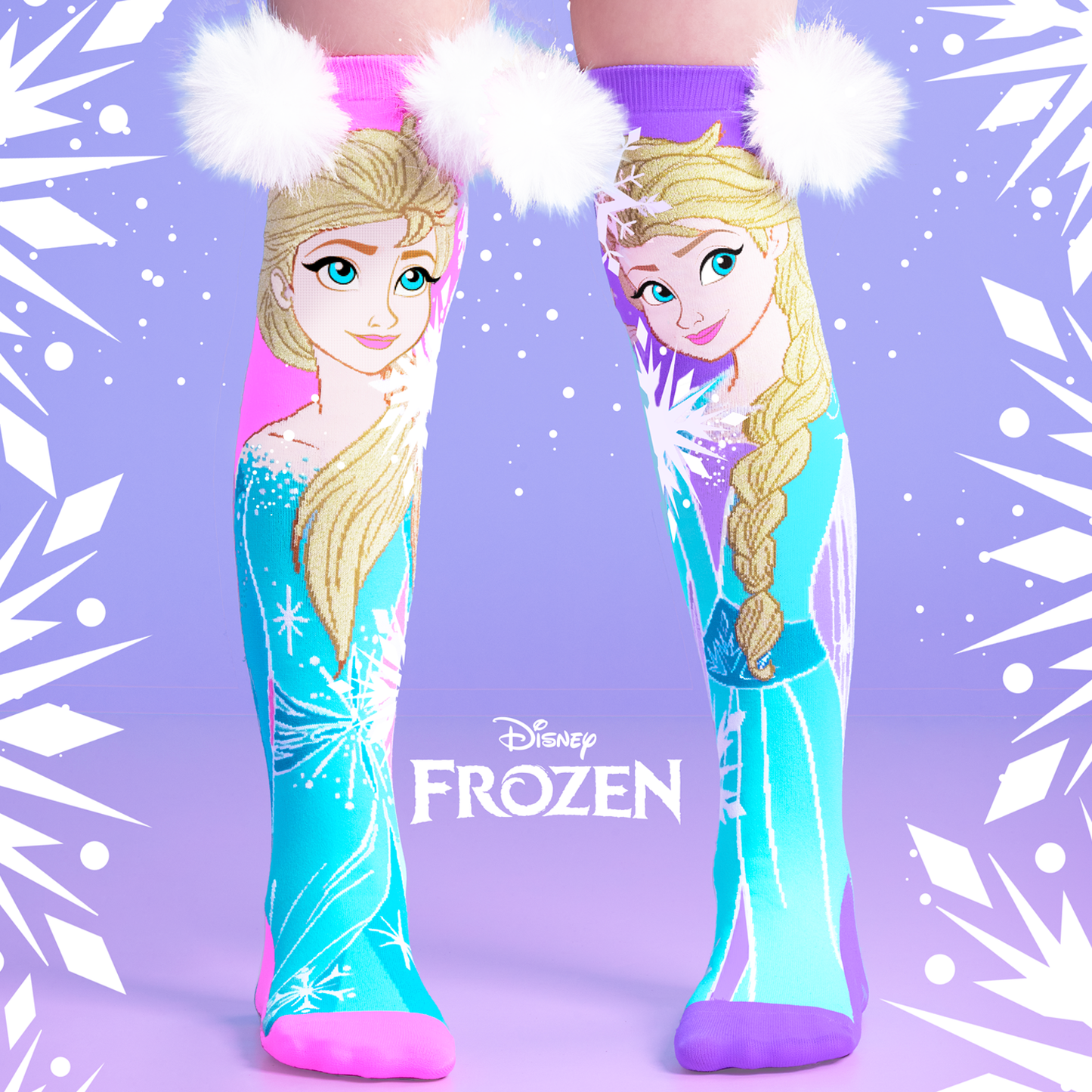 Kids Disney Frozen Elsa socks featuring colorful character artwork, snowflake details, and fluffy white pom poms