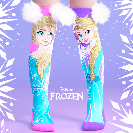 Kids Disney Frozen Elsa socks featuring colorful character artwork, snowflake details, and fluffy white pom poms