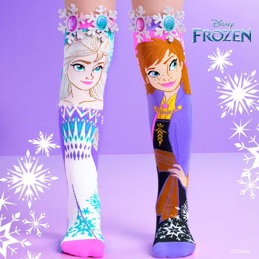 Kids Disney Frozen Sisters knee high socks featuring Elsa and Anna character artwork with glitter snowflake details
