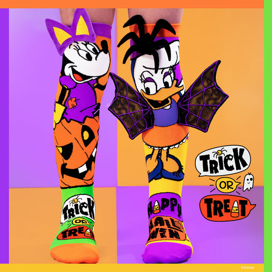Disney Halloween knee high socks featuring Minnie Mouse and Daisy Duck with trick or treat graphics, pumpkin artwork, and 3D bat wings.