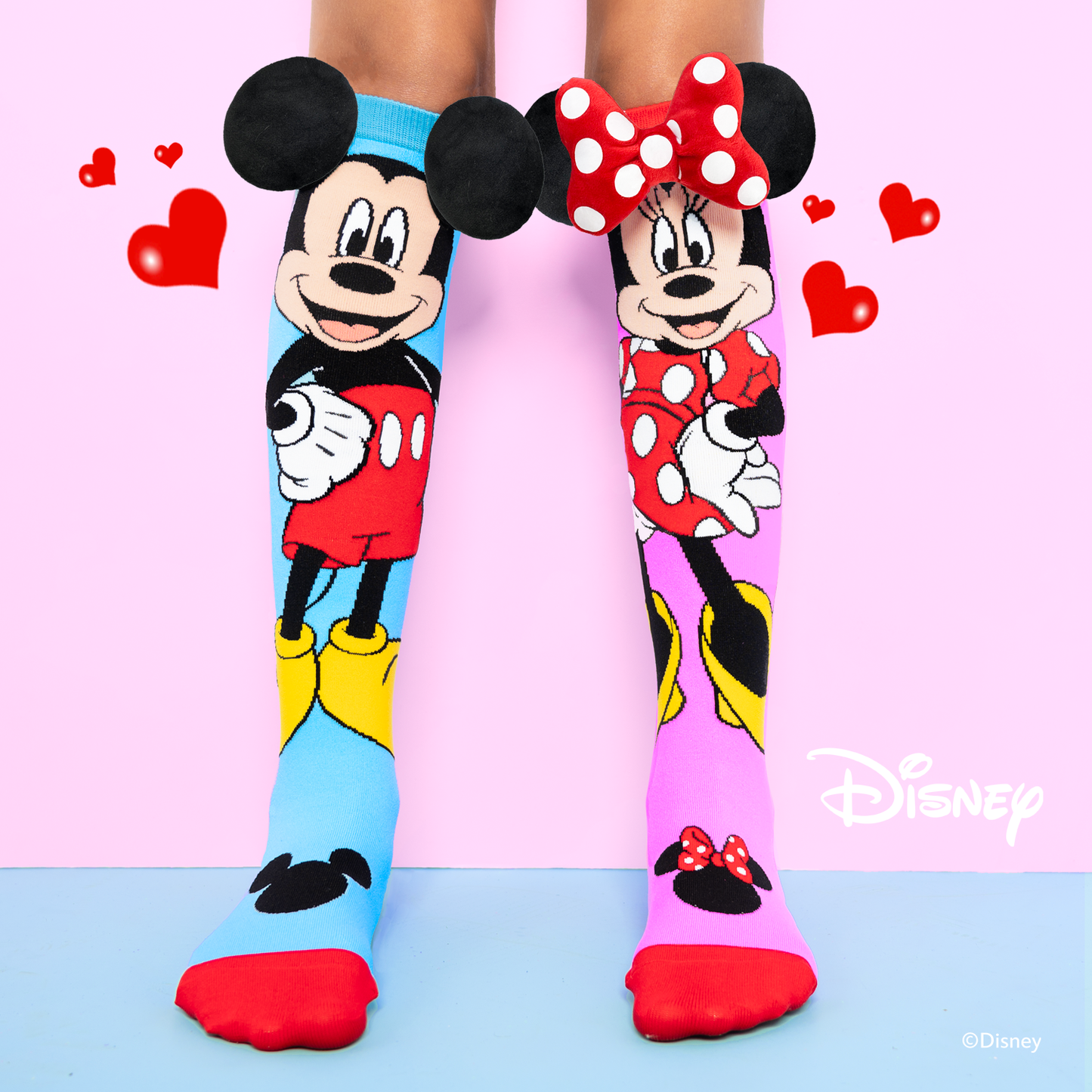 Disney Mickey and Minnie knee high socks featuring custom 3D plush ears and colorful character design.