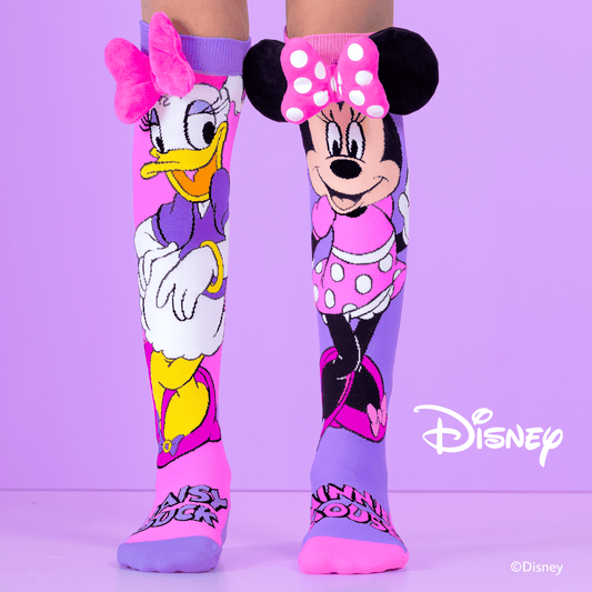 Disney Minnie and Daisy knee high socks featuring colorful character design and custom 3D plush bows.
