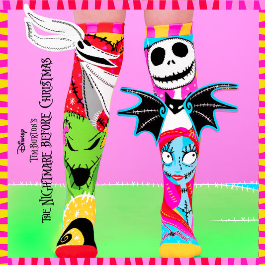 Disney Nightmare Before Christmas knee high socks featuring Jack Skellington, Sally, and Oogie Boogie graphics.