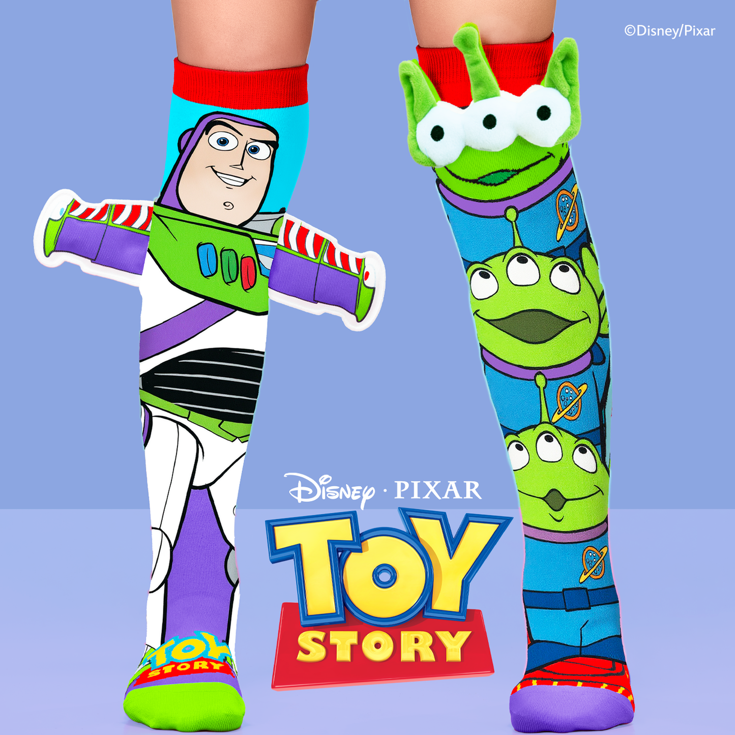 Disney Pixar Toy Story knee high socks featuring Buzz Lightyear wings and Little Green Alien plush ear details.