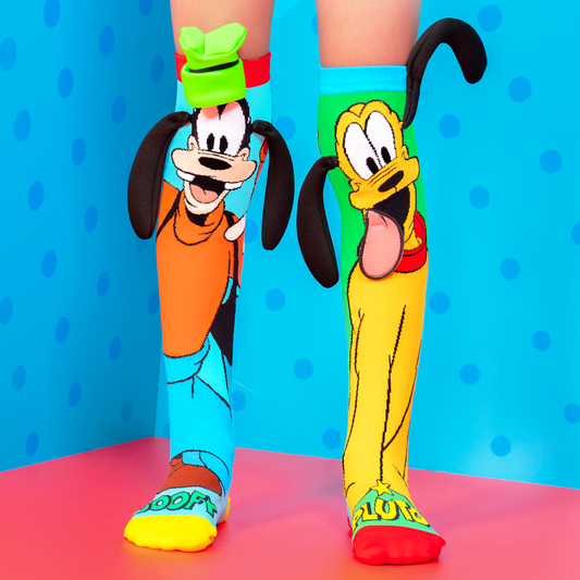 Disney Pluto and Goofy knee high socks featuring colorful character design and playful bouncy ears.