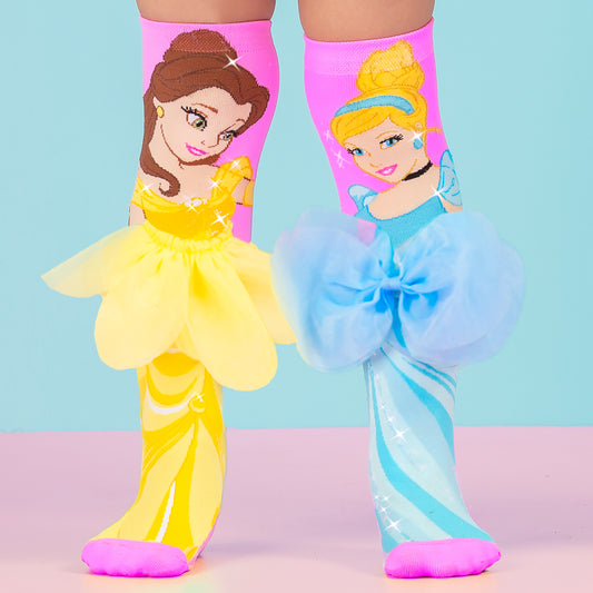 Disney Princess knee high socks featuring Belle and Cinderella with colorful character design.