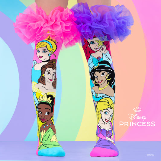 Disney Princess knee high socks featuring Cinderella, Belle, Ariel, Jasmine, Rapunzel, and colorful frill details.