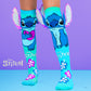 Disney Silver Stitch knee high socks for kids featuring shiny character graphics and colorful tropical design.