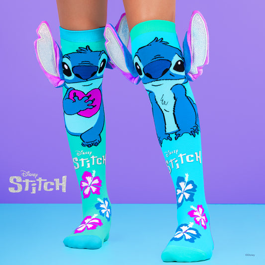 Disney Silver Stitch knee high socks for kids featuring shiny character graphics and colorful tropical design.